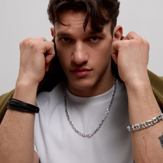 Браслет из кожи с агатом и вставками из стали