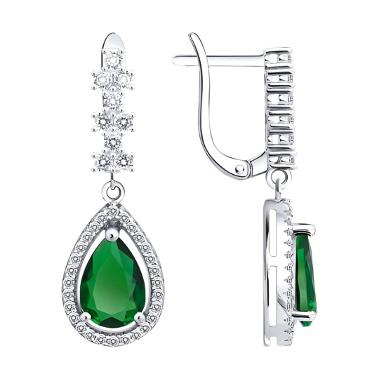 Серьги из серебра с ювелирными кристаллами мятный оникс и фианитами