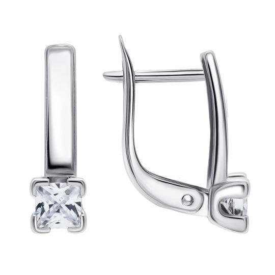 Одиночная серьга в два прокола из серебра с фианитами