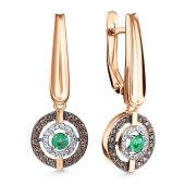 Серьги из золота с бриллиантами, коньячными бриллиантами и изумрудами