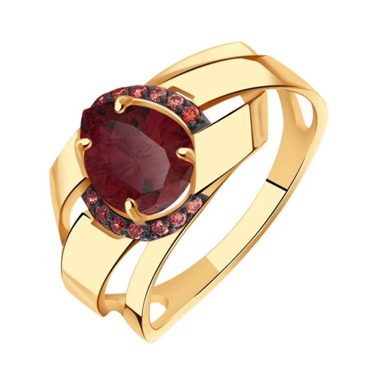 Кольцо из золота с рубиновым корундом и фианитами