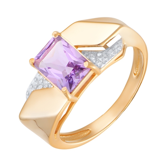 Кольцо из золота с рубиновым корундом и фианитами