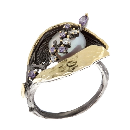 Серьги из серебра с позолотой, жемчугом и фианитами