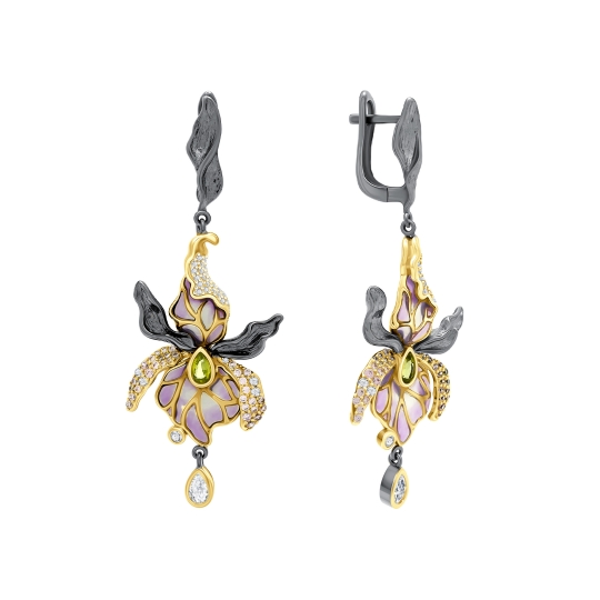 Серьги из серебра с фианитами и эмалью "Снегири"