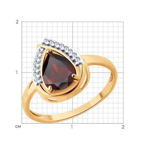 Кольцо из серебра с позолотой, гранатом и фианитами