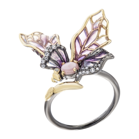 Серьги из серебра с позолотой, перламутром, эмалью и фианитами