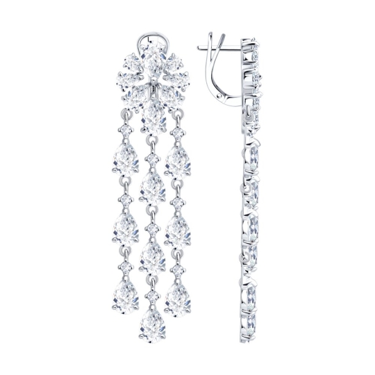 Серьги из серебра с сапфировыми корундами и фианитами