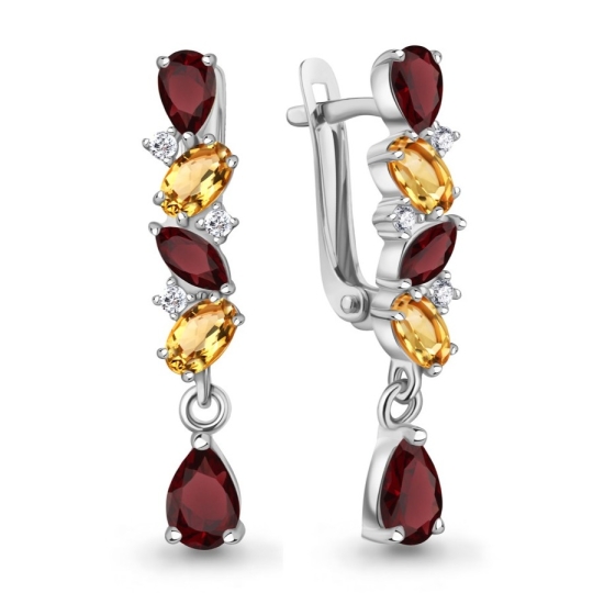 Серьги из серебра с хризолитами, цитринами и фианитами