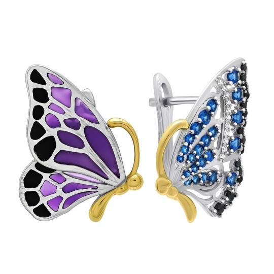 Кольцо из серебра с позолотой, шпинелью,эмалью и фианитами