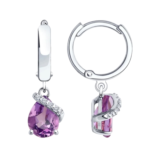 Серьги из серебра с сапфировыми корундами и фианитами