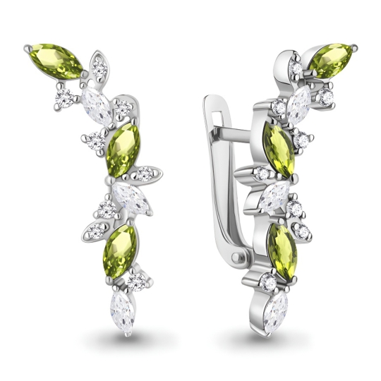 Серьги из серебра с хризолитами и фианитами