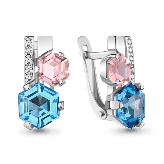 Серьги из серебра с танзанитами, морганитами и фианитами