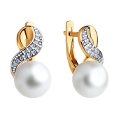 Серьги из серебра с позолотой, жемчугом и фианитами