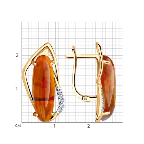 Серьги из золота с янтарём и фианитами