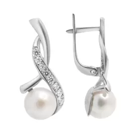 Серьги из серебра с жемчугом и фианитами