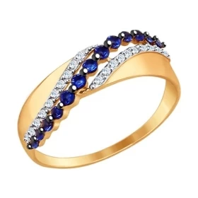 Кольцо из золота с синими и бесцветными фианитами